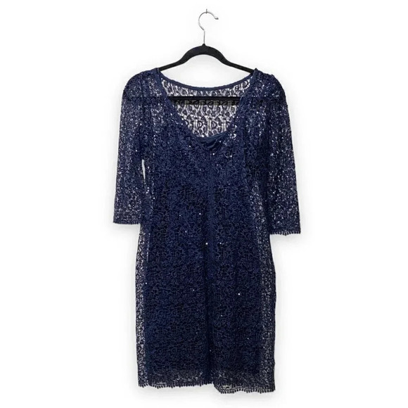 Kay Unger Sequin Lace Navy Midnight Blue Sparkly Sequined Sheath Dress Size 4 - Picture 3 of 9